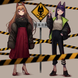 Rule 34 | 2girls, :p, absurdres, animal ears, black footwear, black jacket, black pants, black shirt, blood, blood on clothes, blush, brown background, brown hair, candy, closed mouth, commentary request, food, fox ears, fox shadow puppet, fur-trimmed jacket, fur trim, grey shirt, hand in pocket, hand up, high-waist skirt, high heels, highres, holding, holding candy, holding food, holding lollipop, jacket, lollipop, long hair, long skirt, long sleeves, miyama (tokiwairo8), multicolored hair, multiple girls, off shoulder, original, pants, pleated skirt, puffy long sleeves, puffy sleeves, purple eyes, purple hair, red eyes, red footwear, red hair, red skirt, shadow, shirt, shoes, sign, skirt, smile, standing, streaked hair, tongue, tongue out, translation request, very long hair