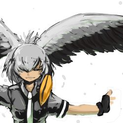 Rule 34 | 10s, 1girl, 370ml, bare arms, bird wings, black gloves, black hair, breast pocket, closed eyes, collared shirt, facing viewer, fingerless gloves, gloves, grey hair, grey shirt, hair over one eye, hand up, head wings, highres, kemono friends, long hair, low ponytail, multicolored hair, necktie, open mouth, orange hair, outstretched arm, outstretched wings, parted bangs, pocket, shirt, shoebill (kemono friends), short sleeves, side ponytail, simple background, sketch, smile, solo, upper body, white background, white necktie, wings