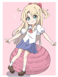 Rule 34 | 1girl, :3, ball, blonde hair, blue skirt, blush stickers, bow, brown footwear, closed mouth, commentary request, exercise ball, full body, green eyes, hair between eyes, hair bow, heart, highres, himesaka noa, kapuru 0410, loafers, long hair, looking at viewer, parted bangs, pink background, pleated skirt, ponytail, puffy short sleeves, puffy sleeves, red bow, school uniform, shadow, shirt, shoes, short sleeves, skirt, socks, solo, thick eyebrows, two-tone background, very long hair, watashi ni tenshi ga maiorita!, white background, white shirt, white socks