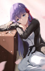 Rule 34 | 1girl, absurdres, black jacket, blue eyes, blurry, blurry foreground, bow, buttons, cabinet, closed mouth, commentary request, dress, fate/stay night, fate (series), feet out of frame, hair ribbon, head rest, heaven&#039;s feel, highres, jacket, key, light smile, long hair, long sleeves, looking at viewer, matou sakura, official alternate costume, petals, purple hair, red ribbon, revision, ribbon, sitting, solo, tooku0, waist bow, white dress, yokozuwari