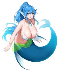 Rule 34 | 1girl, :d, absurdres, bikini, blue eyes, blue hair, breasts, earrings, fins, highres, jewelry, kneeless mermaid, large breasts, looking at viewer, mermaid, monster girl, necklace, open mouth, original, scales, smile, solo, suruga (xsurugax), swimsuit, white background, white bikini