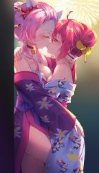Rule 34 | 2girls, ahoge, animal ears, animal print, ass grab, bare shoulders, bell, blue kimono, blush, breasts, cat ears, cat girl, character print, cleavage, closed eyes, collar, couple, double bun, female focus, fireworks, floral print, flower, forehead, from side, hair bun, hair flower, hair ornament, half-closed eyes, hand on another&#039;s ass, highres, hug, japanese clothes, jingle bell, kimono, kiss, large breasts, looking at another, medium breasts, multiple girls, mvv, neck, neck bell, off shoulder, original, outdoors, purple kimono, pussy juice, saliva, short hair, short hair with long locks, sidelocks, standing, sweat, thighs, yuri
