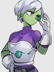 Rule 34 | 1girl, bodysuit, breasts, cheelai, colored skin, dragon ball, dragon ball super, gloves, green skin, hand on own hip, kemachiku, looking to the side, medium breasts, pink eyes, purple bodysuit, scouter, short hair, solo, white gloves, white hair