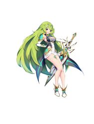 Rule 34 | 1girl, :d, absurdres, breasts, character request, circlet, cleavage, cleavage cutout, clothing cutout, cosplay, dress, elbow gloves, full body, gloves, green hair, highres, holding, holding sword, holding weapon, long hair, looking at viewer, medium breasts, mythra (xenoblade), mythra (xenoblade) (cosplay), nijisanji, nijisanji en, open mouth, orange eyes, simple background, smile, solo, sword, thigh strap, tsukinaga, very long hair, virtual youtuber, weapon, white background, white dress, white footwear, white gloves, xenoblade chronicles (series), xenoblade chronicles 2