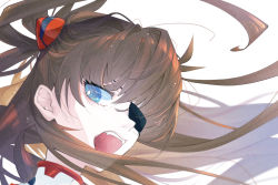 Rule 34 | 1girl, artist request, blue eyes, brown hair, evangelion: 3.0+1.0 thrice upon a time, eyepatch, fangs, long hair, looking at viewer, neon genesis evangelion, open mouth, plugsuit, rebuild of evangelion, solo, souryuu asuka langley, twintails, white background, wind
