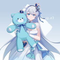 Rule 34 | 1girl, absurdres, blue eyes, bow, breasts, cleavage, closed mouth, commentary request, crown, dated, diagonal-striped bow, dress, earrings, eyes visible through hair, grey background, grey hair, hair between eyes, highres, holding, holding stuffed toy, honkai (series), honkai impact 3rd, jewelry, kiana kaslana, medium breasts, mini crown, smile, solo, strapless, strapless dress, striped bow, stuffed animal, stuffed toy, teddy bear, tilted headwear, two-tone background, white background, white dress, yikuaiguapi46577