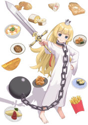 Rule 34 | 1girl, 1other, absurdres, ball and chain restraint, barefoot, blonde hair, blue eyes, bowl, bread, bread slice, closed mouth, collar, crown, ex (himesama goumon), eyebrows hidden by hair, flat chest, food, french fries, full body, hand on own hip, highres, hime-sama &quot;goumon&quot; no jikan desu, hime (himesama goumon), holding, holding sword, holding weapon, long hair, metal collar, mini crown, omelet, pie, plate, qgkmn541, rags, simple background, smile, sword, toast, very long hair, weapon, white background