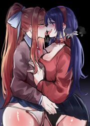 2girls :p absurdres black_panties breasts brown_hair clothes_lift crossover doki_doki_literature_club french_kiss grabbing_another&#039;s_breast green_eyes groping highres kiss kurenaiz_(kuayrenaiz) large_breasts long_hair looking_at_viewer miside mita_(miside) monika_(doki_doki_literature_club) multiple_girls panties ponytail saliva skirt skirt_lift smile tongue tongue_out trait_connection underwear undressing_another white_panties yuri