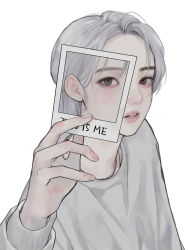 Rule 34 | 1girl, black eyes, english text, grey hair, grey shirt, highres, holding, holding photo, jewelry, looking at viewer, necklace, original, photo (object), polaroid, shirt, short hair, simple background, solo, upper body, uyumint, white background
