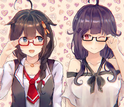 Rule 34 | 2girls, :d, ahoge, bare shoulders, bespectacled, black-framed eyewear, black hair, black vest, blush, braid, breasts, collarbone, glasses, hair flaps, hair ornament, hair over shoulder, hair ribbon, heart, heart background, highres, jewelry, kantai collection, large breasts, long hair, long sleeves, looking at another, looking at viewer, low twintails, miyako (rgrayt), multiple girls, necklace, necktie, off-shoulder shirt, off shoulder, open mouth, purple hair, red-framed eyewear, red eyes, red neckwear, red ribbon, remodel (kantai collection), ribbon, semi-rimless eyewear, shigure (kancolle), shirt, single braid, smile, taigei (kancolle), twintails, upper body, vest, whale hair ornament, white shirt
