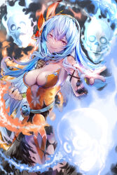 1girl bare_shoulders blue_fire blue_hair breasts cleavage cowboy_shot dress fire ghost highres orange_dress purple_eyes rocbouquet_(saga) romancing_saga_2 saga solo_focus strapless strapless_dress yagisawa_teru