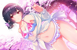 Rule 34 | 1girl, armpits, bikini, black hair, breasts, cherry blossoms, cherry tree, cleavage, closed mouth, collarbone, commentary request, day, dutch angle, flower, frilled bikini, frills, hair flower, hair ornament, highres, idolmaster, idolmaster shiny colors, jacket, morino rinze, natsu (anta tte hitoha), navel, outdoors, petal print, petals, print bikini, red eyes, see-through, see-through sleeves, small breasts, smile, solo, standing, swimsuit, tied jacket, tree, white bikini, white jacket