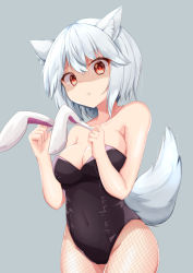 Rule 34 | 1girl, :&lt;, animal ear fluff, animal ears, annoyed, bare shoulders, breasts, collarbone, covered navel, fake animal ears, fishnet legwear, fishnets, grey background, holding, inubashiri momiji, large breasts, looking at viewer, playboy bunny, red eyes, rururiaru, shaded face, short hair, simple background, solo, tail, touhou, white hair, wolf ears, wolf tail