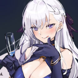 Rule 34 | 1girl, alcohol, azur lane, bare shoulders, belfast (azur lane), belfast (the noble attendant) (azur lane), black background, blush, braid, breasts, champagne, champagne flute, cleavage cutout, clothing cutout, cup, douya (233), dress, drinking glass, french braid, gloves, gold, hair between eyes, halter dress, halterneck, holding, holding cup, large breasts, licking lips, long hair, looking at viewer, purple eyes, purple gloves, silver hair, tongue, tongue out, upper body