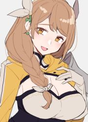 Rule 34 | 1girl, blush, braid, breasts, brown eyes, brown hair, cleavage, do m kaeru, fire emblem, fire emblem engage, gloves, goldmary (fire emblem), hair ornament, large breasts, long hair, looking at viewer, mole, mole on breast, nintendo, open mouth, simple background, single braid, smile, solo, swept bangs, white background, white gloves