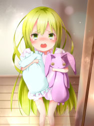 Rule 34 | 1girl, blonde hair, blush, child, highres, long hair, nightgown, hugging object, open mouth, original, pillow, pillow hug, solo, stuffed animal, stuffed rabbit, stuffed toy, tears, very long hair, yellow eyes