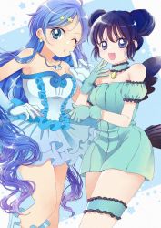 Rule 34 | 2girls, :d, ahoge, aizawa mint, aqua choker, aqua gloves, armpits, bare shoulders, blue dress, blue eyes, blue hair, bracelet, breasts, bridal garter, collarbone, color connection, dark blue hair, detached sleeves, double bun, dress, earrings, eyelashes, female focus, finger to mouth, frilled dress, frills, gloves, hair bun, hair ornament, hand on own hip, highres, houshou hanon, jewelry, large breasts, layered skirt, legs together, long hair, looking at viewer, magical girl, mermaid melody pichi pichi pitch, mew mint, microdress, multiple girls, necklace, ojou-sama pose, one eye closed, open mouth, pendant, pointing, pointing at self, puffy detached sleeves, puffy sleeves, shell, shell necklace, short bangs, short sleeves, skirt, small breasts, smile, star (symbol), star earrings, star hair ornament, strapless, strapless dress, tareme, thighs, tokyo mew mew, tsumugi meme, tube dress, wings