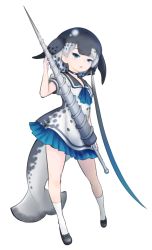 Rule 34 | 10s, 1girl, ascot, black choker, black hair, blue ascot, blue eyes, cetacean tail, choker, dress, drillhorn sword, fins, fish tail, full body, grey hair, ise (0425), kemono friends, looking at viewer, multicolored hair, narwhal (kemono friends), puffy short sleeves, puffy sleeves, sailor collar, sailor dress, short sleeves, simple background, solo, tail, white background
