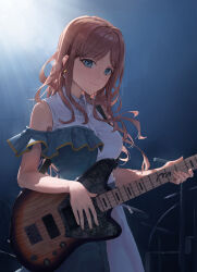 Rule 34 | 1girl, bang dream!, bang dream! it&#039;s mygo!!!!!, blue dress, blue eyes, brown hair, dress, earrings, electric guitar, guitar, holding, holding guitar, holding instrument, instrument, jewelry, long hair, multicolored clothes, multicolored dress, music, nagasaki soyo, naxile, necklace, pearl necklace, playing instrument, smile, solo, stage lights, white dress