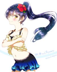 Rule 34 | 1girl, bad id, bad pixiv id, blue hair, blue skirt, blush, breasts, cleavage, closed mouth, collarbone, cowboy shot, crossed arms, floating hair, flower, gradient skirt, hair between eyes, hair flower, hair ornament, hibiscus, high ponytail, layered skirt, long hair, love live!, love live! school idol project, medium breasts, midriff, miniskirt, navel, niro (sikabanekurui), red flower, simple background, skirt, smile, solo, sonoda umi, spaghetti strap, standing, stomach, very long hair, white background, yellow eyes