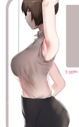 Rule 34 | 1girl, arm up, armpits, ass, bare back, black skirt, borrowed character, breasts, brown eyes, brown hair, closed mouth, collared shirt, commentary, cowboy shot, from side, hews, highres, large breasts, office lady, olive laurentia, original, pencil skirt, pixie cut, profile, see-through silhouette, shirt, shirt tucked in, short hair, skirt, sleeveless, sleeveless shirt, solo, standing, timestamp, white shirt