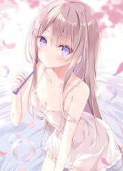 Rule 34 | 1girl, bare arms, bare shoulders, blush, breasts, brown hair, bubble, cleavage, collarbone, commentary request, dress, frilled dress, frills, hair ornament, hairclip, hand up, holding, hoshi (snacherubi), long hair, looking at viewer, original, petals, purple eyes, ripples, sleeveless, sleeveless dress, small breasts, solo, strap slip, very long hair, water, white background, white dress