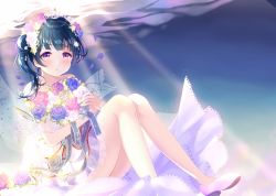 Rule 34 | 1girl, alternate hairstyle, artist name, artist request, bare legs, bare shoulders, black hair, blue flower, blue hair, blue rose, blush, bouquet, bow, bracelet, breasts, chandelier, collarbone, depe, depe874, dress, dress bow, fang, feathers, female focus, flower, full body, gloves, hair bun, hair flower, hair ornament, heart, high heels, highres, holding, holding bouquet, jewelry, long hair, looking at viewer, love live!, love live! school idol festival, love live! sunshine!!, low ponytail, miniskirt, necklace, parted lips, pearl bracelet, pearl necklace, petals, pink flower, pink rose, plaid, plaid dress, plaid skirt, pleated, pleated dress, pleated skirt, ponytail, purple eyes, red eyes, red flower, red rose, rose, sash, shoes, side bun, side ponytail, single hair bun, skirt, smile, solo, tiara, tsushima yoshiko, v, wedding dress, white bow, white feathers, white flower, white footwear, white gloves, white rose, white skirt, wihte dress