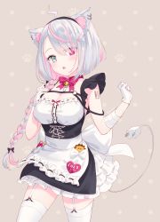 Rule 34 | 1girl, absurdres, ahoge, akamoku, android, animal ear fluff, animal ears, apron, bandaged arm, bandages, bandaid, bandaid hair ornament, barcode, barcode tattoo, bell, black hairband, blush, bow, braid, breasts, cable, cable tail, cat ears, charger, chest strap, cleavage, crosshair eyes, dress, electric plug, frills, garter straps, gloves, grey eyes, hair bow, hair ornament, hair over one eye, hairband, hand on own chest, heterochromia, highres, indie virtual youtuber, jingle bell, lightning ahoge, lolo (vtuber), long hair, looking at viewer, low-tied long hair, maid, mechanical tail, medium breasts, mole, mole under eye, multicolored hair, name tag, neck bell, o-ring, open mouth, pink eyes, pink hair, red neckwear, ribbon-trimmed apron, ribbon trim, silver hair, solo, stuffed animal, stuffed lion, stuffed toy, tail, tattoo, thighhighs, two-tone hair, virtual youtuber, white gloves, white thighhighs