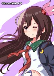 Rule 34 | 1girl, blue jacket, brown hair, crescent, crescent pin, green sailor collar, highres, jacket, kantai collection, kisaragi (kancolle), kurano kisuke, long hair, looking at viewer, navel, neckerchief, one-hour drawing challenge, one eye closed, purple eyes, red neckerchief, sailor collar, school uniform, serafuku, solo, twitter username, upper body