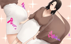 Rule 34 | 1girl, :&gt;, akito (d30n26), arms at sides, ass, black hair, blush, breasts, brown eyes, cleavage, closed mouth, female focus, high-waist skirt, highres, large breasts, legs, light blush, looking at viewer, medium hair, multiple views, original, simple background, skirt, smile, solo, sound effects, sparkle background, standing, thighs, white skirt