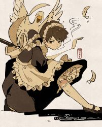 Rule 34 | 1boy, apron, bird, black footwear, brown hair, cigarette, commentary request, feathers, fighting stance, frilled apron, frills, goose, highres, kneehighs, maid, maid apron, maid headdress, male focus, mouth hold, original, sheath, smoking, socks, translation request, umibatari, unconventional maid, white background