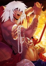 Rule 34 | 1boy, armlet, beads, bracelet, cup, dark-skinned male, dark skin, gold, groin, jewelry, male focus, millennium ring, navel, open mouth, purple eyes, ray.r, ring, smile, solo, spilling, topless male, touzokuou bakura, upper body, white hair, wrist cuffs, yu-gi-oh!, yu-gi-oh! duel monsters