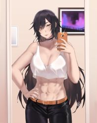 Rule 34 | 1girl, abs, artist name, bare shoulders, belt, black choker, black pants, breasts, brown hair, choker, cleavage, closed mouth, commission, crop top, hair over one eye, hand on own hip, highres, holding, holding phone, hunyan, indoors, long hair, looking at viewer, mirror, muscular, muscular female, navel, original, pants, phone, picture frame, selfie, shirt, solo, tongue, tongue out, white shirt