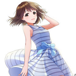 Rule 34 | 1girl, bare shoulders, blue bow, blue dress, blush, bob cut, bow, breasts, brown eyes, brown hair, dress, floating hair, hagiwara yukiho, hand up, highres, idolmaster, idolmaster (classic), idolmaster million live!, idolmaster million live! theater days, looking at viewer, medium breasts, mikapoe, open mouth, short hair, signature, simple background, sleeveless, sleeveless dress, smile, solo, striped clothes, striped dress, waist bow, white background