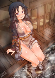 Rule 34 | 1girl, barefoot, black hair, blue eyes, blush, breasts, cleavage, freckles, girls und panzer, highres, japanese clothes, kimono, large breasts, long hair, looking at viewer, looking up, megadeko, no bra, no panties, onsen, open mouth, partially submerged, shiny skin, sitting, smile, soaking feet, solo, water, yamagou ayumi