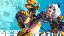 Rule 34 | 1girl, 30 minutes sisters, animal ears, bandai, black leotard, blue eyes, boots, breasts, cable, cable tail, cat ears, covered navel, cyborg, highres, joints, leotard, logo, looking at viewer, mecha musume, mechanical ears, mechanical tail, medium breasts, rishetta (30ms), shiny clothes, shiny skin, short hair, solo, substance20, tail, thigh boots, white hair, zoom layer