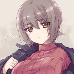 Rule 34 | 1girl, ?, artist name, black jacket, blush, brown eyes, brown hair, casual, clothes pull, commentary, girls und panzer, head tilt, highres, jacket, jacket pull, kuroi mimei, light blush, long sleeves, looking at viewer, motion lines, nishizumi maho, parted lips, portrait, pulling own clothes, red shirt, ribbed shirt, shirt, short hair, signature, solo, spoken question mark