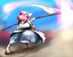 Rule 34 | 1girl, bad id, bad pixiv id, chirigami-san, female focus, hair bobbles, hair ornament, okobo, onozuka komachi, red eyes, red hair, sandals, scythe, short hair, solo, touhou, twintails, two side up