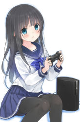 Rule 34 | 1girl, black hair, black pantyhose, blue eyes, blush, cable, console, controller, game console, game controller, holding, long hair, long sleeves, looking away, maigoyaki, open mouth, original, pantyhose, playstation 3, school uniform, serafuku, simple background, solo, sony, white background