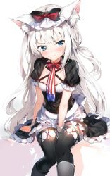 Rule 34 | 1girl, 3:, american flag, american flag print, animal ears, apron, azur lane, bad id, bad twitter id, between legs, black bow, black thighhighs, blue eyes, blush, boots, bow, breasts, cat ears, closed mouth, dress, flag print, frill trim, frills, grey footwear, hair bow, hammann (azur lane), hand between legs, hat, highres, knee boots, long hair, maid, maid headdress, necktie, one side up, pout, puffy short sleeves, puffy sleeves, short sleeves, sidelocks, silver hair, sitting, small breasts, solo, thighhighs, tsurime, umibouzu (niito), v-shaped eyebrows, waist apron, wavy mouth, wrist cuffs