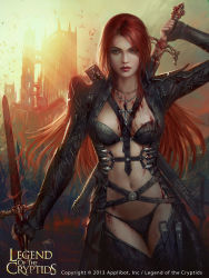 Rule 34 | 1girl, bat (animal), blood, breasts, breasts apart, castle, cross, cross necklace, dated, dual wielding, flavie (legend of the cryptids), highres, holding, jewelry, legend of the cryptids, lips, long hair, looking at viewer, mario wibisono, navel piercing, necklace, outdoors, panties, piercing, red eyes, red hair, revealing clothes, solo focus, sword, underwear, weapon