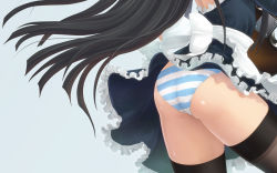 Rule 34 | akiyama mio, alternate costume, apron, ass, black hair, dress, enmaided, ffyak, head out of frame, highres, k-on!, long hair, maid, maid apron, panties, pussy juice, striped clothes, striped panties, thighhighs, underwear, upskirt, wallpaper