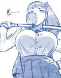 Rule 34 | 1girl, 2020, alternate breast size, aurahack, baseball bat, blue theme, blunt bangs, breasts, blowing bubbles, bursting breasts, buttons, chewing gum, cosmetics, earrings, from above, hand on own hip, highres, jacket, jewelry, kunio-kun series, kyoko (kunio-kun), large breasts, letterman jacket, long hair, looking at viewer, looking down, monochrome, open clothes, open jacket, over shoulder, pleated skirt, ponytail, river city girls, school uniform, shirt tucked in, sidelocks, sketch, skirt, solo, weapon, weapon over shoulder