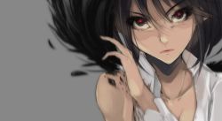 Rule 34 | 1girl, black hair, female focus, lips, looking at viewer, mito (calcomer), pointy ears, red eyes, serious, shameimaru aya, short hair, simple background, solo, touhou, upper body