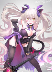 Rule 34 | 1girl, adapted costume, alternate costume, alternate hairstyle, animal ears, bare shoulders, bell, black gloves, black thighhighs, blush, breasts, cat ears, cat tail, cleavage, collar, elbow gloves, fang, fate/grand order, fate/kaleid liner prisma illya, fate (series), garter straps, gloves, jeanne d&#039;arc (fate), jeanne d&#039;arc alter (avenger) (fate), jeanne d&#039;arc alter (avenger) (third ascension) (fate), jeanne d&#039;arc alter (fate), large breasts, long hair, looking at viewer, magical girl, navel, neck bell, omizu (omz), open mouth, solo, tail, thighhighs, twintails, very long hair, wand, white hair, yellow eyes