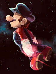 Rule 34 | alternate color hat, big nose, black hat, black overalls, brown hair, closed eyes, closed mouth, comet, facial hair, flying, from side, full body, hat, highres, long sleeves, male focus, mario, mario (series), mustache, nintendo, overalls, red shirt, shirt, shooting star, short hair, solo, space, super mario galaxy, ya mari 6363