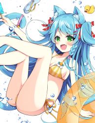 Rule 34 | 1girl, :d, animal ear fluff, animal ears, bare arms, bare legs, bare shoulders, bell, bikini, blue footwear, blue hair, blush, bow, braid, breasts, cat ears, cat girl, cat tail, commentary, fang, feet out of frame, food, green eyes, hair bow, holding, holding food, innertube, jingle bell, legs up, long hair, maki soutoki, medium breasts, open mouth, original, pink ribbon, popsicle, red bow, ribbon, rubber duck, sandals, side-tie bikini bottom, simple background, smile, solo, striped bikini, striped clothes, swim ring, swimsuit, symbol-only commentary, tail, tail bell, tail ornament, tail raised, tail ribbon, transparent, two side up, vertical-striped bikini, vertical-striped clothes, very long hair, white background