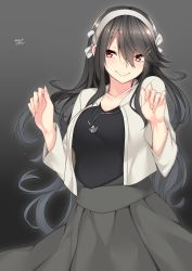 Rule 34 | 10s, 1girl, absurdres, alternate costume, black dress, black hair, black shirt, blouse, blush, breasts, brown eyes, casual, collarbone, dress, gradient background, grey background, hair between eyes, hair ornament, hairclip, hands up, haruna (kancolle), headband, highres, jacket, jewelry, kantai collection, large breasts, long hair, long sleeves, looking at viewer, nebusoku, necklace, shirt, simple background, smile, solo, white jacket