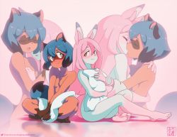Rule 34 | 2girls, animal ears, barefoot, blue hair, blush, brand new animal, breasts, closed mouth, completely nude, closed eyes, fox ears, fox girl, fox tail, full body, furry, furry female, furry with furry, green eyes, highres, hiwatashi nazuna, holding, holding pillow, indian style, kagemori michiru, kiss, long hair, looking at another, michirutnk, multiple girls, nude, open mouth, pillow, pink background, pink hair, raccoon ears, raccoon girl, raccoon tail, red eyes, reflection, short hair, sitting, small breasts, smile, soles, tail, toes, yuri