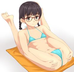 1girl absurdres anus anus_peek barefoot bikini black_hair blue_bikini blush braid breasts cameltoe feet female_focus glasses hands_on_own_ass highres legs_up navel original partially_visible_vulva red-framed_eyewear simple_background small_breasts soles solo spread_legs swimsuit takafumi toes twin_braids white_background